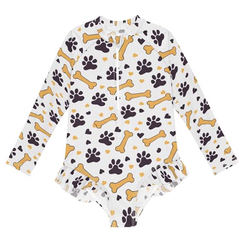 ALAZA Dog Print Bone Black Footprint Girls One Piece Swimsuit Long Sleeve Rash Guard Swimsuits UV 50+ Swimwear Zipper - Main Image