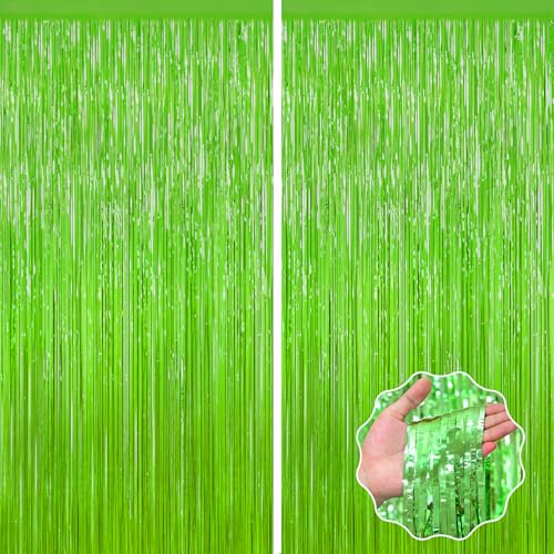 Image of Grass Green Foil Fringe Curtain Backdrop, 2Pack Metallic Tinsel Fringe Curtain Streamers Photo Backdrop for St Patricks Day Football Decorations, Birthday Christmas Tropical Party Decor Door Streamers