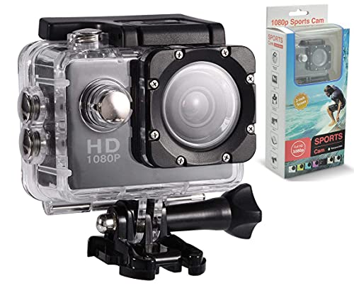Sports Action Camera Full HD 1080P Video/12 MP Photo, Zoom & Time-Lapse, Waterproof & Rechargeable with 16GB SD Card & Mount Gear 10 pc Kit (Black)
