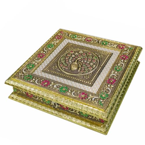 Image of Premium Gold Plated Dry Fruit Box with Peacock Design | Square Decorative Metal Storage Box with 4 Compartments | Luxury Gift for Diwali, Wedding & Festive Occasions (25 x 25 x 6 cm)