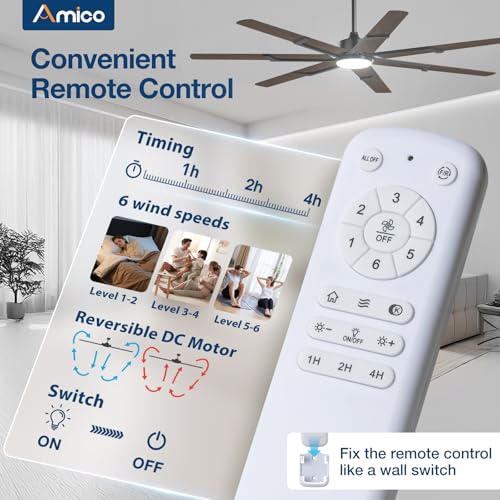 Image of Amico Ceiling Fans with Lights,66 inch Walnut Ceiling fan with Light and Remote, 6 Speed Reversible DC Motor, 3CCT, Dimmable, Quiet, Timer, Outdoor Ceiling Fans for Patios, Indoor /Outdoor