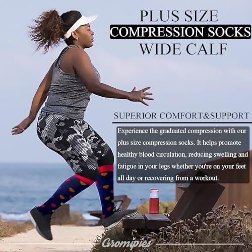 Image of Plus Size Compression Socks, 20-30 mmHg Wide Calf Compression Stockings, Knee High Extra Wide Support Revovery Socks for Men and Women for Circulation Running Flying Nurses Pregnancy