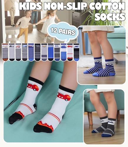 Toddlers Boys Non Slip Grip Socks Crew Cotton Socks with Grippers - 12 Pairs2
