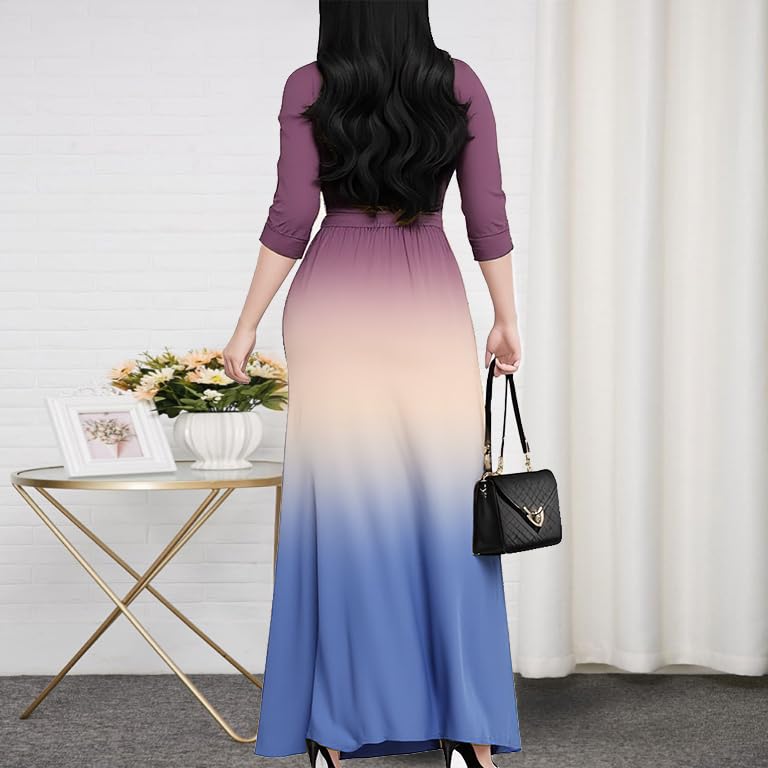 Image of CaniBtr Maxi Dresses for Women Plus Size 3 /4 Sleeve Long Dress with Belt | Versatile plus-size maxi dress,wrap v-neck + waist tie craft soft glamorous looks easily for everyday casual outings