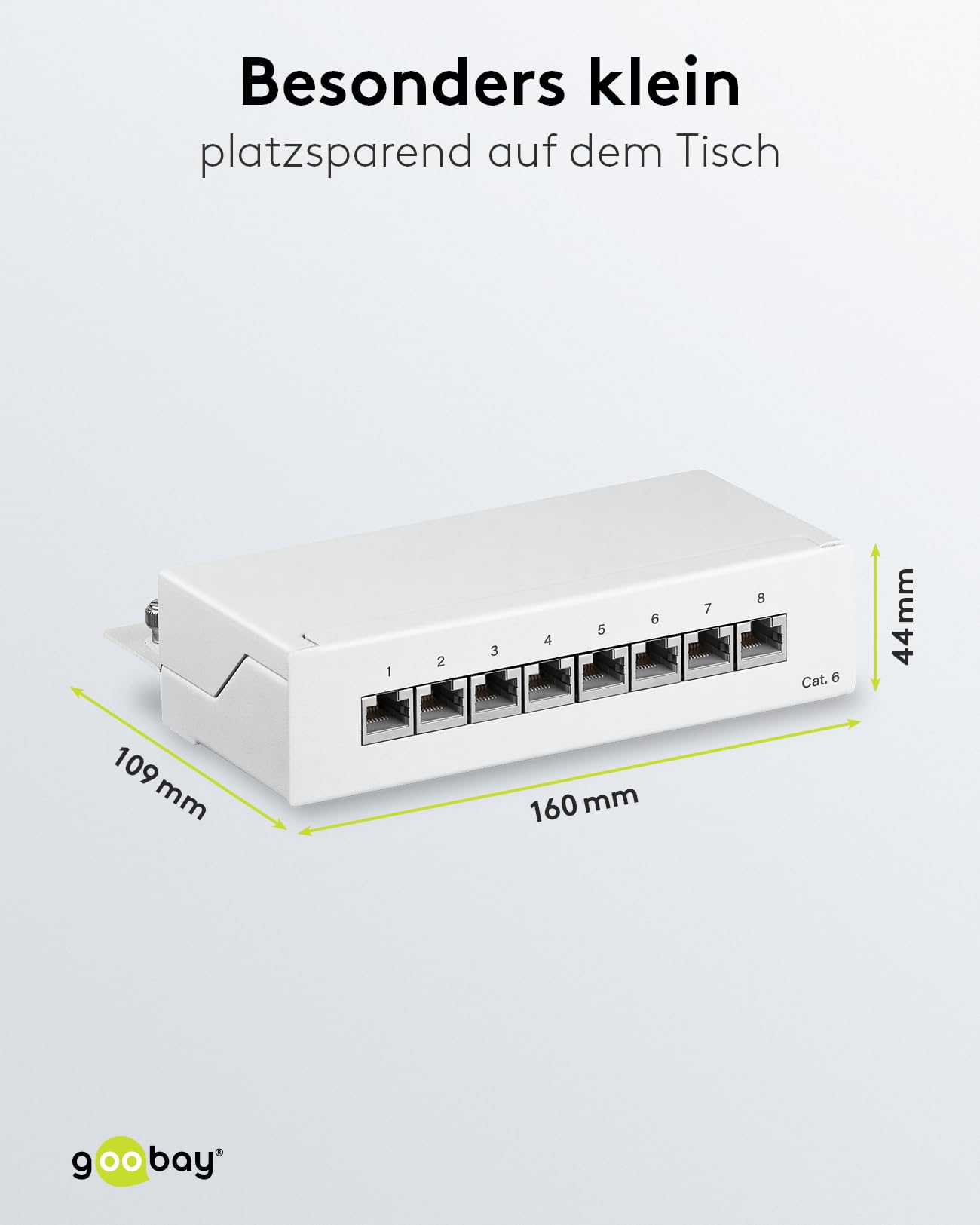 Goobay Cat 6 Mini/Desktop Patch Panel, 8 puertos, color blanco – STP, color blanco