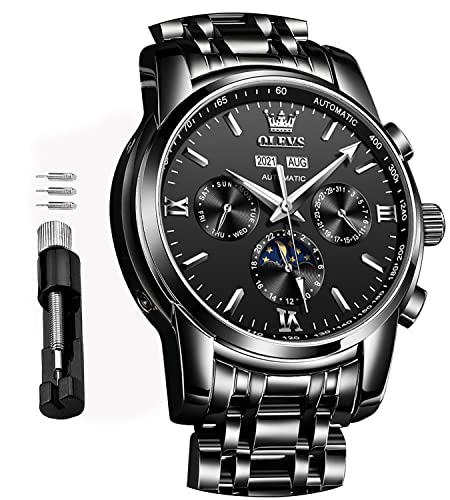 OLEVS Automatic Watches for Men Mechanical Slef-Wind Black Face Luxury Classic Stainless Steel Wrist Watch Waterproof Luminous