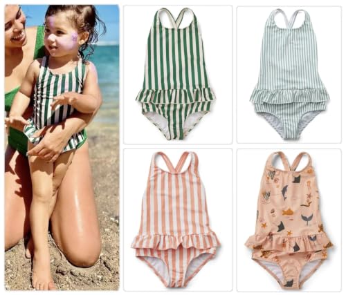 Image of Toddler Girls One Piece Swimsuits Crossback Backless Bathing Suit Whale Dolphin Shark Swimwear with Ruffle Butt UPF50+