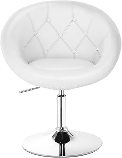 Giantex White Tufted PU Leather Swivel Vanity Chair, Height Adjustable 30.5-36", 360° Spin, 330lbs Chrome Base for Bedroom & Lounge