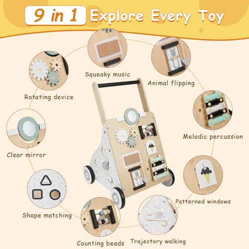 Nastopee Chariot De Marche En Bois Pour Bébé,9 En 1 Trotteur D'Activités Garçon et Fille,Avec Centre D'Activité,Cadeau Jouet D'Apprentissage Multiples Pour Bébé 12 Mois+ – Image 3