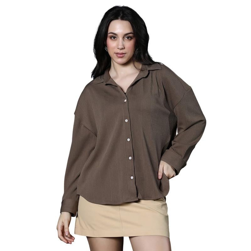 pinacolada Women's SShirt | Spread Collar, Long Button-Cuff Sleeves, Button Closure | Solid Textured Woven Shirt for Casual Coffee Brown-picture-49