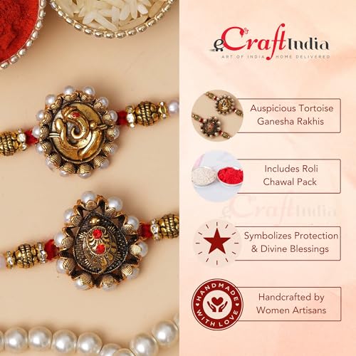 Image of eCraftIndia Set of 2 Lord Ganesha and Om Religious Rakhi for Brother Bhaiya Bhai | Roli Chawal Pack