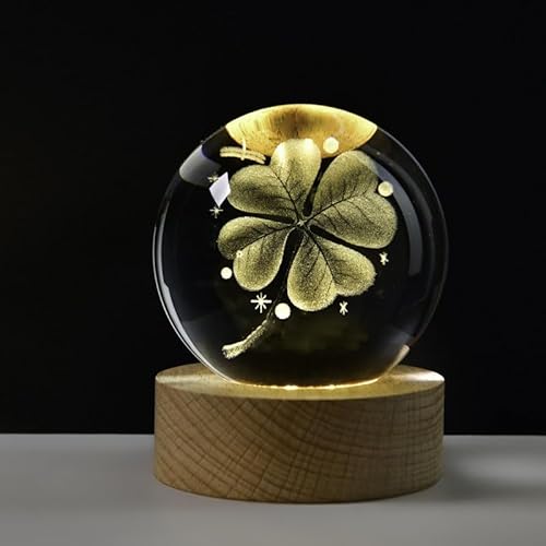 Yabound Sfera di cristallo da 60 mm, quadrifoglio, portafortuna, lampada notturna a sfera di vetro con base in legno, piccola idea regalo per bambini, amici, coppia, compleanno, festival