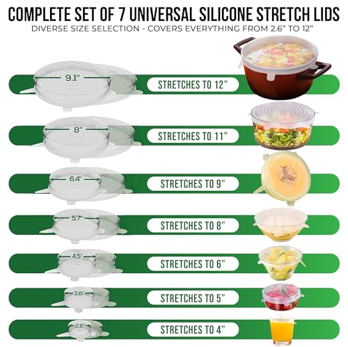 Reusable Silicone Stretch Lids for Food Storage in Fridge - Elastic Heat-Resistant Bowl Covers, Cups, Cans, Jars - Universal Food Grade Lid for Round and Rectangle Containers - Dishwasher Safe -7 Pack