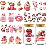 Shejdgart UV DTF Cup Wrap - 8 Sheets Strawberry UV DTF Cup Wraps for 16 OZ Pink Dessert UVDTF Cup Wraps Milk Tea Ice Cream Waterproof UV DTF Transfer Stickers for Glass Cup Wood DIY Crafts