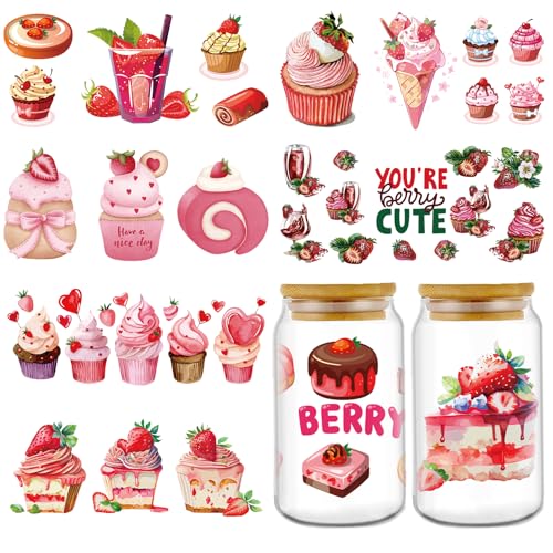 Shejdgart UV DTF Cup Wrap - 8 Sheets Strawberry UV DTF Cup Wraps for 16 OZ Pink Dessert UVDTF Cup Wraps Milk Tea Ice Cream Waterproof UV DTF Transfer Stickers for Glass Cup Wood DIY Crafts