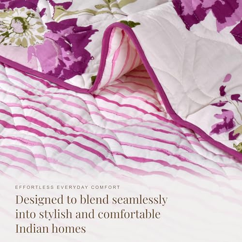 Image of HUESLAND Reversible AC Quilt Blanket Single Bed | 100% Cotton Quilted Shell, Super Soft 120 GSM Microfibre Wadding | Lightweight Comforter for All Weather Use | 55 x 88 inches, Floral Fusion