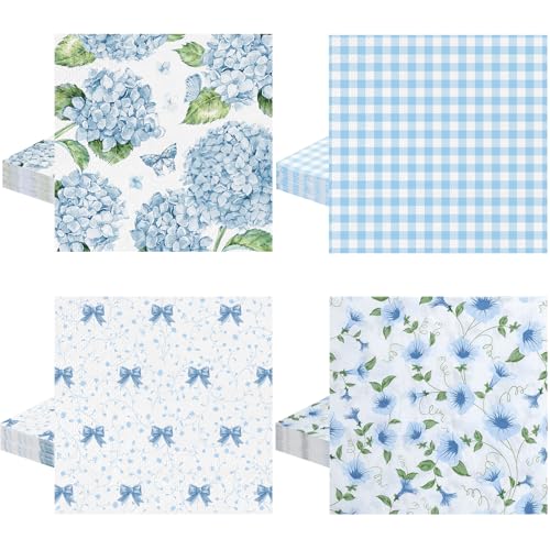 80Pcs Blue Floral Napkins, 6.5 In Hydrangea...