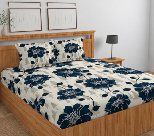 Image of 265 TC Cotton Feel All Around 7D Elastic Fitted Bedsheet, Elastic Fitted Bedsheet King Size Bedsheet for Double Bed with 2 Pillow Covers, Size - 72 x 78 x 8 Inch Color White 7D