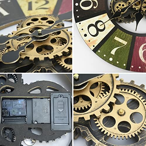 TOKTEKK 24 inch Large Decorative Wall Clock with Real Moving Gears, Battery Operated Retro Rustic Style Wall Clock, Easy to Read for Living Room/Bedroom/School Decor (Color Hollow)