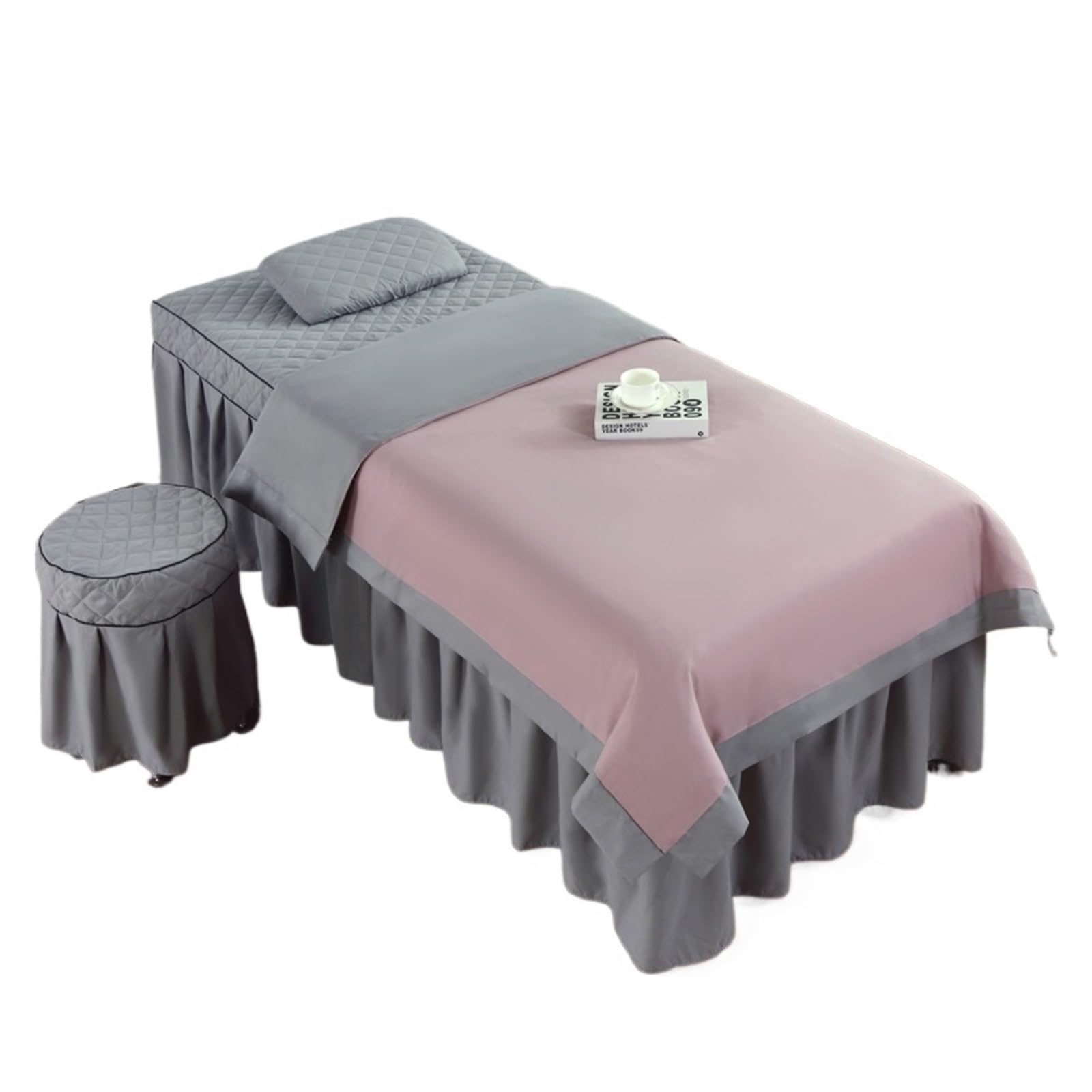 Beauty Salon Bed Cover Sets 4pcs Beauty Salon Bedding Sets Massage Spa Bed Cover Bedspread Pillowcase Stool Duvet Club(Pink Grey,180x70)