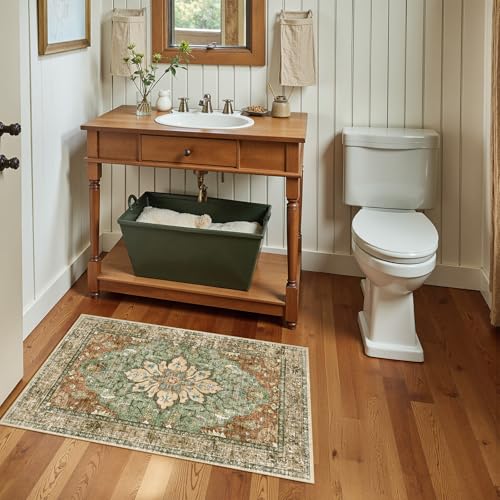 Image of RELEANY Area Rugs Small 2'x3' Washable Non-Slip, Floral Vintage Distress Medallion Carpet for Kitchen Entryway Bathroom, Terracotta Burnt Orange Green
