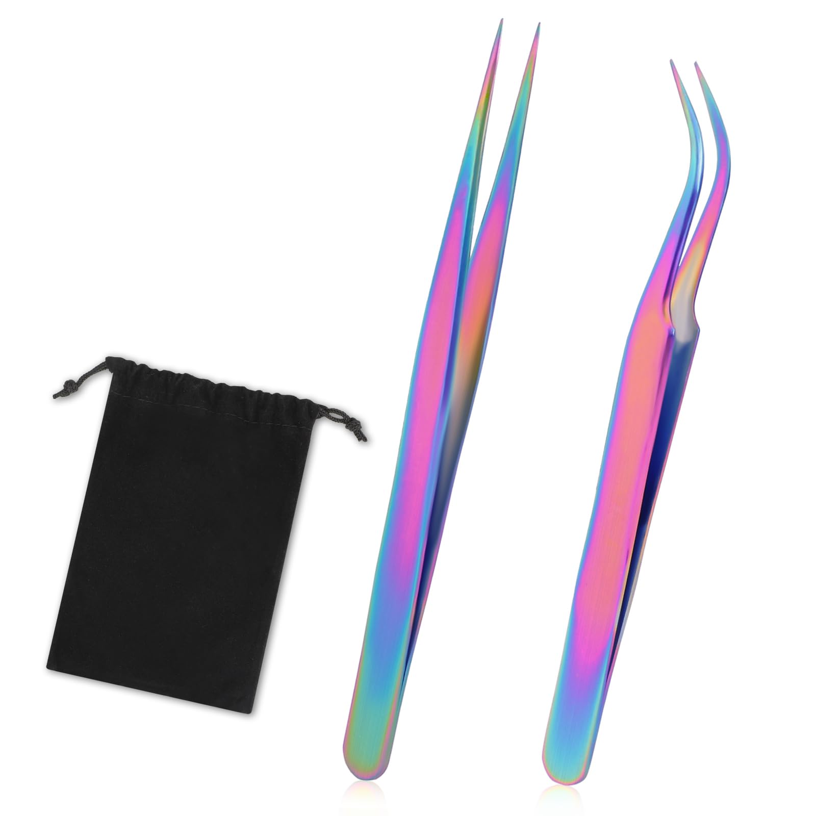 2pcs Precision Nail Art Eyelash Extension Tweezers - Stainless Steel False Lash Application Tools, Curved & Straight Tip