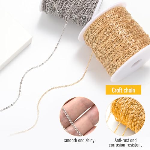 2 Roll Gold Silver Chain for Jewellery Making, 33 Feet 2.4mm DIY Craft Bracelet Necklace Making Chains with 60 Lobster Clasps and 120 Jump Rings, Small Pliers Tweezers - Image 3