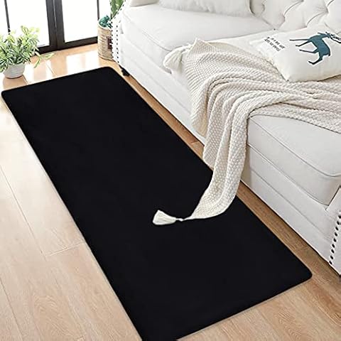 Aoczes Black Faux Rabbit Fur Rug 2x6 Feet Runner Rug for Bedroom Hallway Nursery Sofa Living Room Carpet Runner with Non Shedding Throw Fluffy Rug Cover