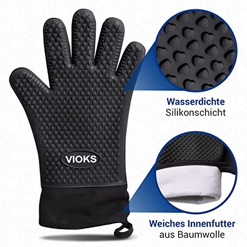 VIOKS 2Stk Backofen Handschuhe Set, Silikon Handschuhe Hitzebeständig für Küche, Silikon Topfhandschuhe mit Baumwollfutter Schwarz für BBQ/Grill