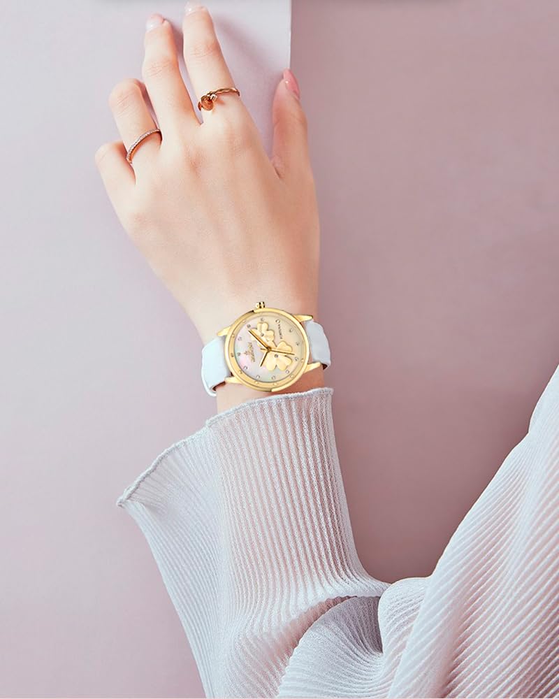 Kronsegler Orologio da donna Fortuna placcato oro - bianco | zirconia, cinturino in morbida fibra di mela vegana, quadrante bianco con trifoglio d'oro