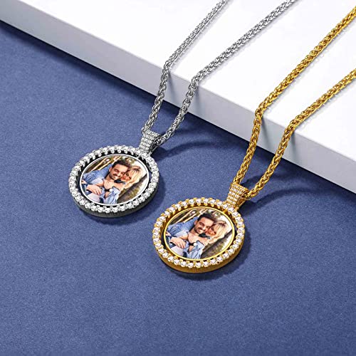 Customized Both Sides Round Picture Pendant Necklace For Women Men Bling Cz Rotatable Platinum Plated Medallion With 2 Photos Personalized Jewelry 22Inch 24Inch Chain #TOP6