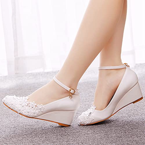 Women's Ankle Strap Buckle Wedges Heel Bridesmaid Wedding Shoes, Sexy Dress Bridal Heels, Closed Toe Bride Pumps4