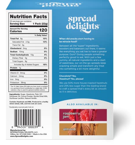 Spread Delights Chocolate Hazelnut Spread — Single Serve Packs For On-The-Go Snacks, All Natural, (20-Count) #TOP2