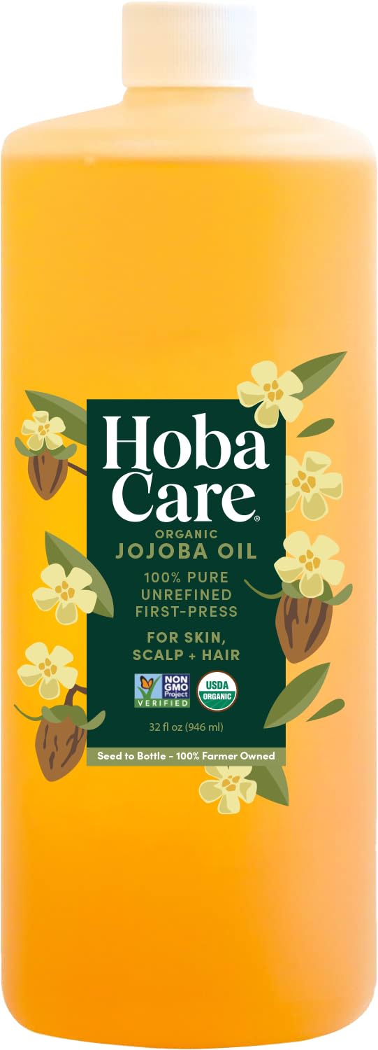 HobaCare Unrefined Organic Jojoba Oil for Skin Care, Hair, Beard, Scalp Massage - 100% Pure Carrier Oil for Perfume or Soap Making - Natural, Vegan, Cruelty-Free, Hexane-Free, Long Shelf Life (32 oz)