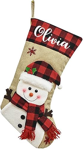 Dreamdecor Medias de Navidad personalizadas con nombre, calcetín de Navidad de 18 pulgadas, ciervo, gnomo, Papá Noel, muñeco de nieve, arpillera, a