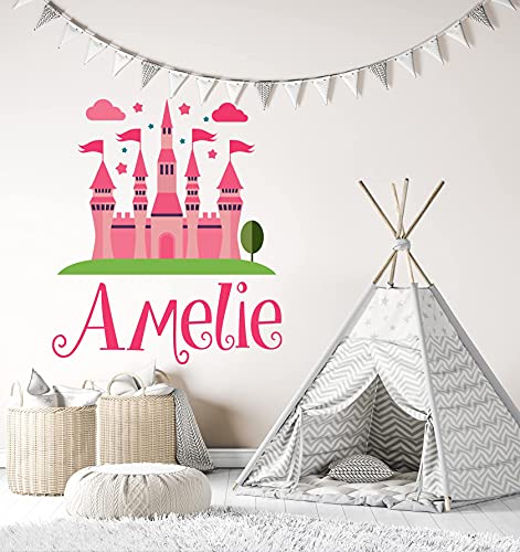 Girls Custom Name Castle Wall Decal - Princess Castle Wall Art Mural - Wall Decal for Home Nursery Decoration (Wide 50