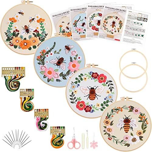 Picoey Bee Embroidery Kit for Beginners with Pattern and Instructions,4 Pack Cross Stitch Kits,2 Wooden Embroidery Hoops,Threads and Needles,Needlepoint Kit for Adults
