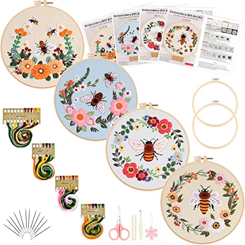 Picoey Bee Embroidery Kit For Beginners With Pattern And Instructions,4 Pack Cross Stitch Kits,2 Wooden Embroidery Hoops,Threads And Needles,Needlepoint Kit For Adults #TOP13