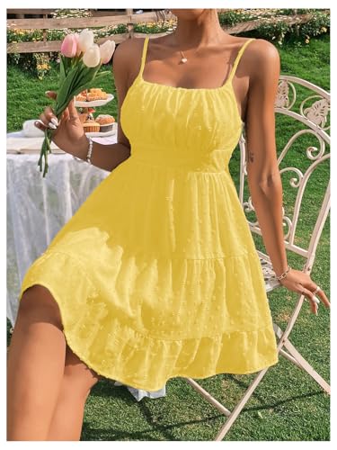 Image of Floerns Women's Swiss Dots Sleeveless Ruched Bust Ruffle Hem Cami Short Dress