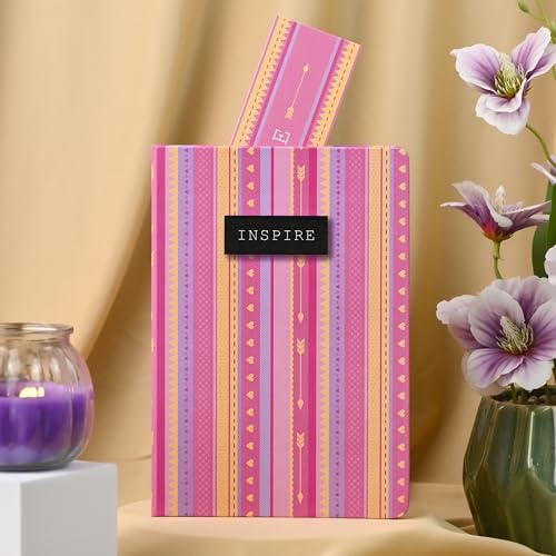 Image of Hardbound Notebook with Cover and Bookmark, Personal Diary | Pink Theme Printed A5 Journal (22 x 15 cm, 80 GSM, 192 Ruled Pages) Inspire Pink