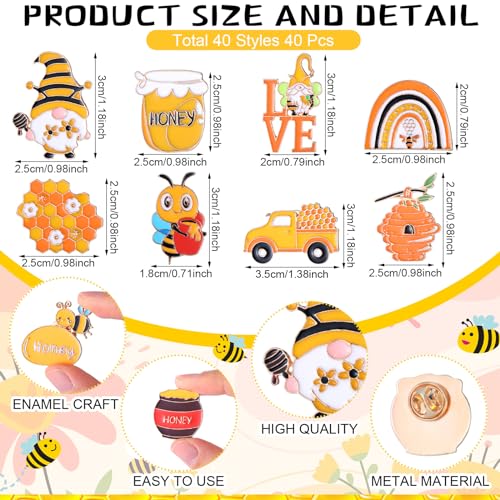 Image of Giegxin 40 Pcs Bee Enamel Pins Bulk Bee Party Favors Gnome Lapel Sunflower Honeycomb Yellow Brooch Pins Cute Holiday Cartoon Backpack for Clothes Bags Accessories Gifts