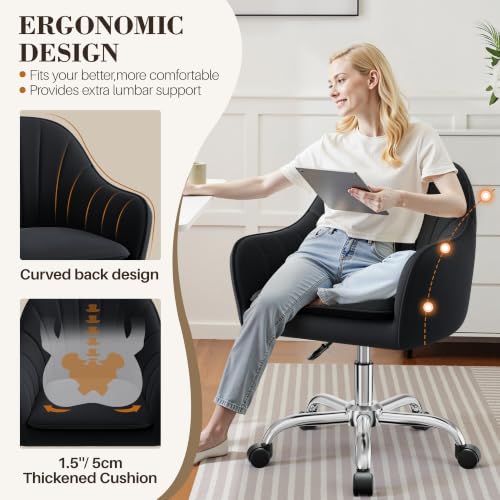Image of Home Office Desk Chair, Vanity Chair with Wheels, Adjustable Modern Velvet Makeup Chairs for Bedroom Living Room-Black (Silver Base)