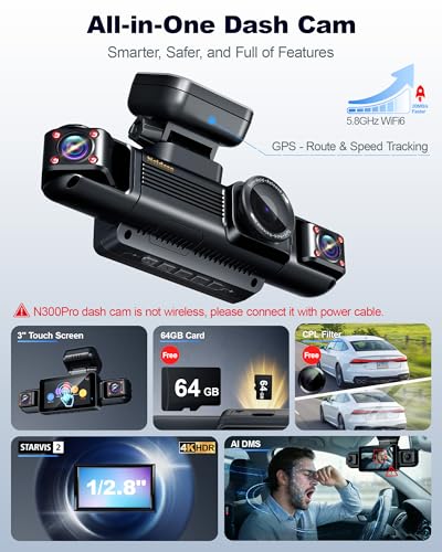 Image of N300Pro 4K 4 Channel Dash Cam Front and Rear, STARVIS 2 Sensor, 3 inch Touch Screen, 5.8GHz WiFi GPS, 360 Car Dash Camera, AI Driver Monitor System, Free 64GB Card, WDR Night Vision HDR, 24H Parking Mode