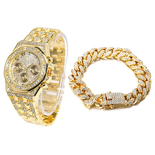 HALUKAKAH Diamant Montre en Or, Hommes Plaqué Or Réel 18K 40MM Large Chiffres Romains Cadran Quartz Bracelet 22cm avec Lien Cubain Chaîne 20cm Bracelet Set,...