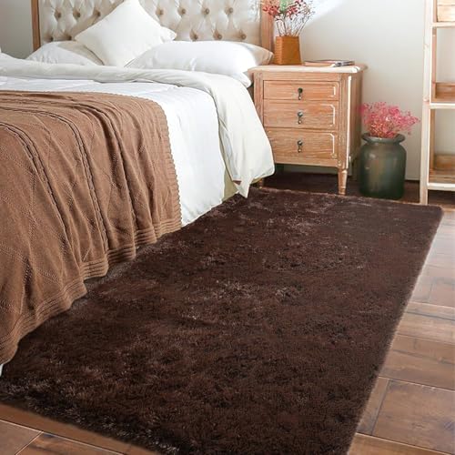 Image of Carpet for Hallway, Kitchen, and Modern InteriorsCarpetCozy Shag Runner for Living Room, Bedroom & Office Decor ETC Size 3x5 feet, Patten-Solid Coffee