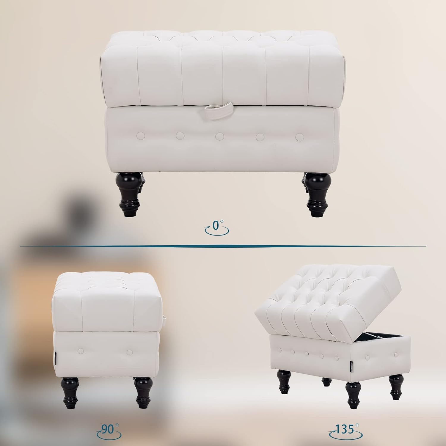 Coffee Table Ottoman with Storage,Button Tufted PU Leather Upholstery Footstool Bed Ottoman for Living Room, Home Office, Space-Saving Storage Toy Box Stool, White