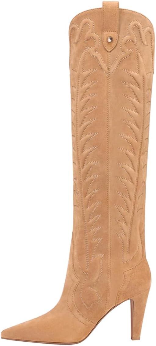FSJ Women Pointed Toe Cowboy Boots Embroidered Chunky High Heel Knee High Boots Western Pull On Fashion Shoes Size 4-16 US
