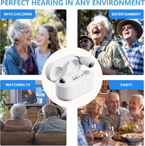 Four panels showing different usage scenarios: with children, entertainment, watching TV, and at a party, with the Ceretone hearing aids in the center.