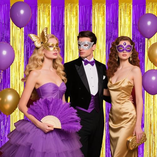 Image of TONIFUL 2Pcs Purple and Gold Fringe Backdrop Curtain 2026 Graduation Parties Metallic Tinsel Foil Fringe Photo Booth Backdrop Door Streamers for Birthday Bachelorette New Year Party Decorations