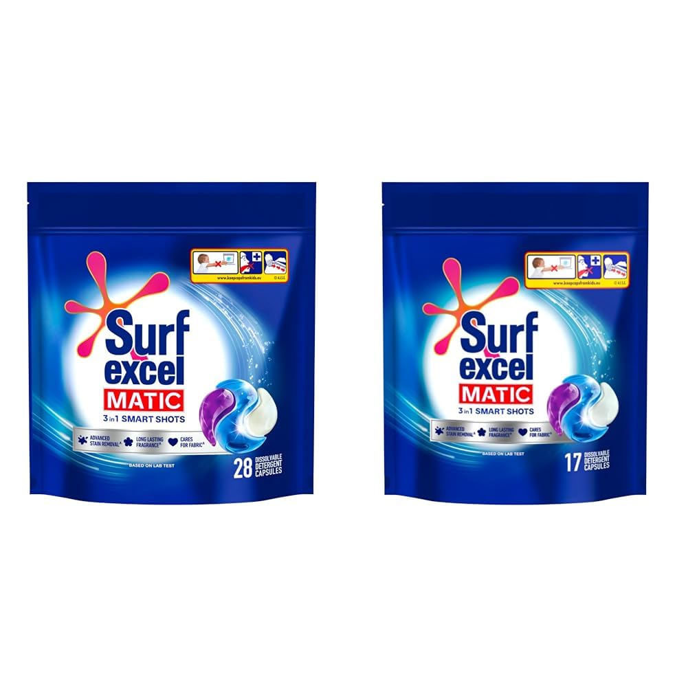 Surf Excel Matic 3 in 1 Smartshots -28 units of dissolvable detergent capsules 1 shot = 1 wash & Surf Excel 3-in-1 Shots Liquid Detergent For Front & Top Load Washing Machines 17 Units for 17 loads-image-28
